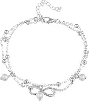 [Generic] Boho Infinite Anklet Bracelets Pearl Layered Anklet Chain Silver Beach Foot Jewelry for Women and Girls