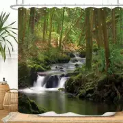 Nature Shower Curtain Flowing Stream Metal Hooks 12PCS Forest Waterfall Natural