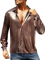 [ODIZLI] Mens Holographic Metallic Top Long Sleeve Button Down Shirt for Disco Party Nightclub Dance Shiny Shirts