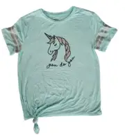 New RUMI + RYDER L (12-14) Blue Unicorn "You Do You" Side Knot Tie Varsity Tee