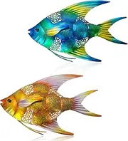 Metal Fish Wall Decor -Outdoor Metal Fish Wall Decor - Indoor Art Sculpture - Hanging Decorations for Home, Garden, Bedroom, Sculptures, Ocean, Kitchen Bathroom, and Pool (Pair of angelfish)