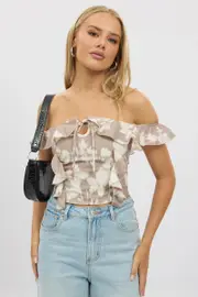 Beige Abstract Frilled Top Sleeveless Off Shoulder Chiffon - Size 10S, Women's Crop Top