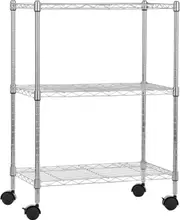 Adjustable 3-Shelf Heavy Duty Storage Shelving Unit with 4 Wheel Casters - Chrome (59cm x 34cm x 83cm)