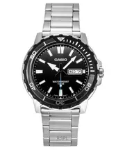 Casio Quartz MTD-125D-1A3V Mens Watch Analog Timer Bezel Day/Date Display Stainless Steel Black Dial 100M