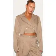 Plus Mushroom Tailored Woven Boxy Cropped Blazer, Mushroom
