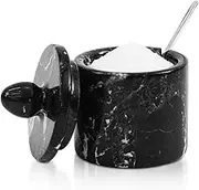 Marble Salt Cellar with Lid and Spoon 4" Black Handmade Salt Container for Kitchen Counter, Multipurpose Sugar Bowl, Brown Sugar Jar, Small Marble Container with Lid for Cooking Use