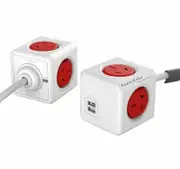 Allocacoc Powercube Extended 4 Outlets with 2 USB - 3m (Red)