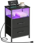Nightstand with Charging Station, Bedside Table with LED Lights and 2 Fabric Dra
