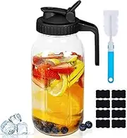 2 Quart (64 oz / 1.9 Liter) Glass Mason Jar Pitcher with Lid, Glass Pitcher Double Leak Proof with Pour Spout Handle, Cold Brew Coffee, Breast Milk Storage, Flavored Water