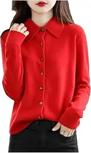 [ZPLxi] Women's Polo Neck 100% Wool Sweater Open Front Long Sleeve Winter Warm Soft Button Knitted Cardigan Sweater
