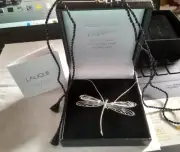 LALIQUE NECKLACE PENDANT DRAGONFLY BLUE CRYSTAL WINGS SILVER CHAIN & SILK CORD