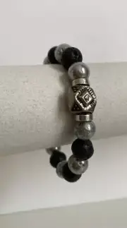 Lava stone glass beaded bracelet black silver unisex