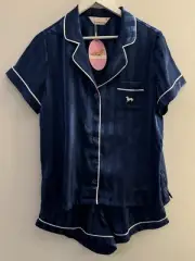 Peter Alexander Womens Penny Stripe Navy Chic Satin PJ Set Size M RRP$129.00