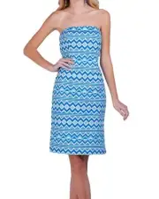 NWT - MSRP $199 - Belle BADGLEY MISCHKA Strapless Twill Aztec Dress, Blue