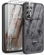 [CASBST] for Samsung Galaxy A15 5G Case with 2X Screen Protector and A Camera Lens Protector, Butterfly Pattern Shockproof Soft TPU & Hard PC Women Girls Cases for Samsung A15 - Black