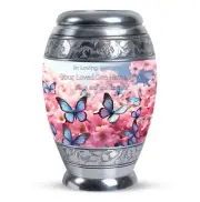 Blue Flying Butterfly on Pink Meadow | Large Cremation Urn For Ashes