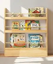 Maxpeuvon 31.5 Inch Kids Bookshelf, Natural Wood Nursery Book Shelf Wall Mount Organizer Shelves Hanging Children Bookcase Reading Nook Boho Decor for Kids Room Playroom Living Room Bedroom, 3 Tiers