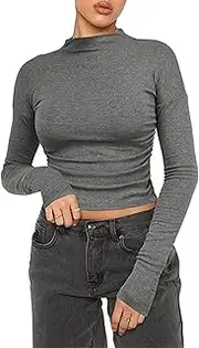 [OYIGELZ] Long Sleeve Women's Classic Cut Slim Fit Basic T Shirts Y2K Crop Tops Casual Elegant Crew Neck Top