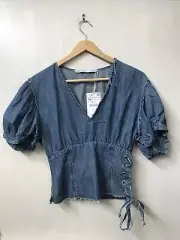 Zara Blue Denim Short Puff Sleeve V Neck Crop Top Side Lace Up/Zip Size XS NWT