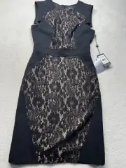 NWT Adrianna Papell Formal Dress Black & Tan Lace Blocked Sheath Size 4