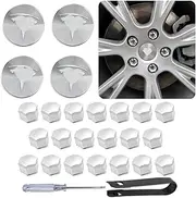 CITIGO Tesla Model Y / 3 Wheel Cap Kit (Silver), 4 Hub Center Caps + 20 Lug Nut Covers + 1 Puller