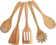 BEBEMOKO 5-pc Wooden Kitchen Utensil Set Large Serving Spoons Soup Ladle Spaghetti Spoon Salad Fork Stir Frying Spatula Heat-Resistant Cooking Utensils
