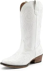 [DREAM PAIRS] Women's Cowboy Boots Mid Calf Cowgirl Boots Square Toe Chunky Heel Embroidery Stitched Western Boots