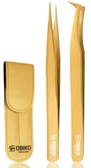 Obiko Eyelash Extension Tweezers Set 2 Piece Golden Straight And Curved Lash ...