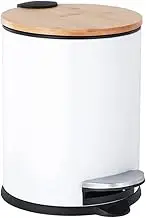 Trash Can with Bamboo Lid, 3L Pedal Bin, Mini Round Trash Bin with Removable Plastic Inner Wastebasket for Bathroom, Bedroom, Powder Room, Office, Desk, Car (White)