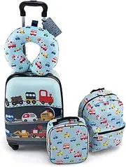 [Baby Joy] 5 Pieces Kids Luggage Set, Carry-on Children Rolling Suitcase Set w/Backpack, Neck Pillow, Name Tag, Lunch Bag, Hardside Toddler Travel Luggage w/Wheels for Girls & Boys (Car)