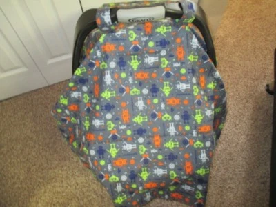 Tiny Robots, Spaceships Print Handmade Baby Car Seat Carrier Cover