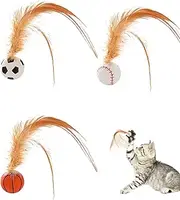 3 Pieces Cat Feather Ball Toys, Cat Bouncy Ball with Feather, Feathered Bouncing Cat Balls, Rubber High Rebound nteractive Cat Toy Ball, Bouncy Tails Cat Toys for Indoor Outdoor Cats Pet