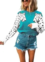 [KOOBETON] Womens Stylish Leopard Short Sweaters Knitted Long Sleeve Pullover Tops