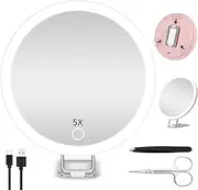 5X Magnifying Lighted Travel Mirror - 6" Handheld Makeup Mirror with Suction Cups & Adjustable Bracket