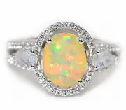 Natural Fire Opal & White Topaz 925 Solid Sterling Silver Ring Jewelry Sz 8