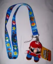 Super Mario Brothers Mario + Friends Blue Lanyard with 3" Mario Plush Charm-New!