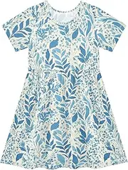 [FRODOTGV] Blue Leafs Girls Princess Dress Short Sleeve A-line Ruffle Dresses for Baby Girls, Blue Leafs, 5-6 Years