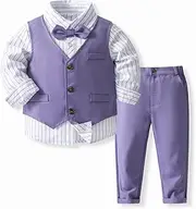 [IMEKIS] Baby Boys Gentleman Suit Formal Birthday Wedding Christening Tuxedo Outfits Long Sleeve Button Down Shirt + Pants + Waistcoat + Bow Tie, 4pcs Set