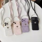 For iPhone 15 14 13 12 11 Crossbody Wallet Case Pearl Strap Phone Cover Card Bag