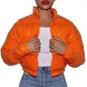 Nevenka Womens Cropped Puffer Jacket Y2K Zip Up Bubble Coats-Orange