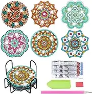 HOURFUN 6Pcs Diamond Painting Coasters with Holder DIY Mandala Coasters Diamond Painting Kits Small Diamond Painting Art Kits Supplies for Beginners Adults Kids Crafts