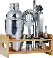 Bartender Kit, 13 Piece Cocktail Shaker Set with Bamboo Stand, Stainless Steel B
