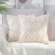 2Pcs Soft Faux Fur Throw Pillow Covers 18x18 - Plush Short Wool Velvet Decorative Pillow Covers - Couch Sofa Pillow Covers for Living Room - with 3D Pattern (Beige)