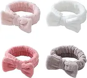 4 Pack Spa Headband for Washing Face, Girls Makeup Bow Tie Hair Band, Microfiber Women Headbands, Elastic Headband to Skincare, Gifts for Teen Girls- White, Brown, Rose Pink, Light Pink