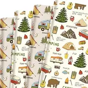 12 Sheets Camping Wrapping Paper Adventure Tent Tree Mountain Bears Road Trip Art Paper for Summer Camp Themed Party DIY Craft, 28 × 20 Inches