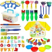 59pcs Kids Art & Craft Early Learning Painting Sponges Stamper Mini Paint Brushes Kit with 26 English Alphabets Drawing Tools (with Apron&Box)