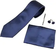 [Zasel] Mens Navy Plain Striped Matching Neck Tie, Pocket Square, Cuff Links And Tie Clip Set