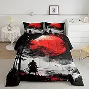 Feelyou Samurai Bedding Set Japanese Samurai Comforter Set for Kids Boys Girls Scenery Silhouette Comforter Set Setting Sun Quilt Set Bedroom Collection 3Pcs Full Size