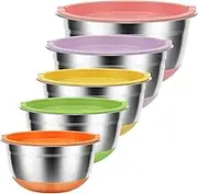 5Pcs Mixing Bowls with Lids Stainless Steel Nesting Bowls Colorful Salad Bowls Non Slip Silicone Base Metal Bowls Stackable Nesting Storage Bowls for Cooking Baking Serving Food