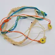 4 Pc. Boho Waxed Cord Layered/Braided Sunflower Anklet Set Blue, Orange & Cream